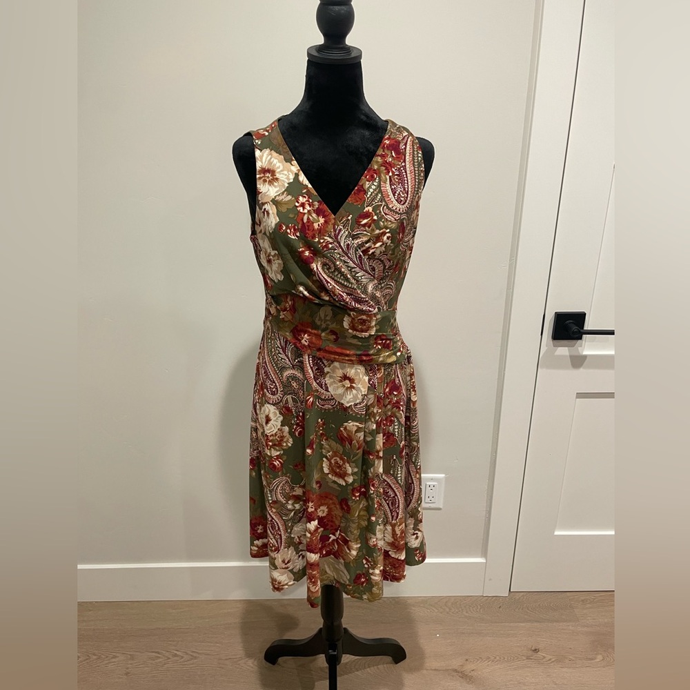 Lauren Ralph Lauren Olive Green Red Floral Paisley Wrap Dress